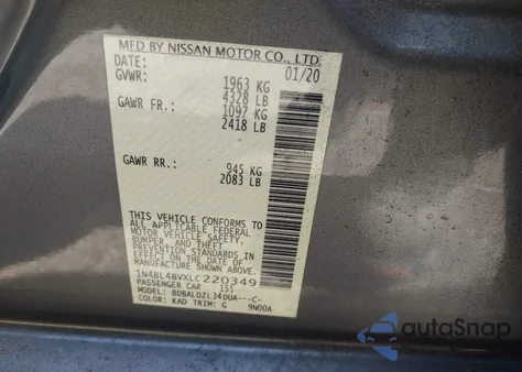 2020 Nissan Altima S Fwd z USA, uszkodzony, nr VIN 1N4BL4BVXLC220349